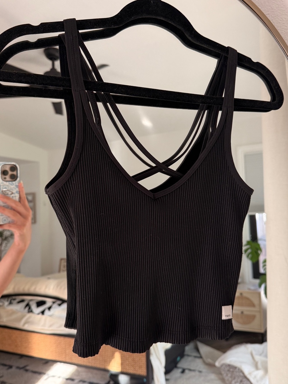 Vuori Black Ribbed V-Neck Tank with Crisscross Straps